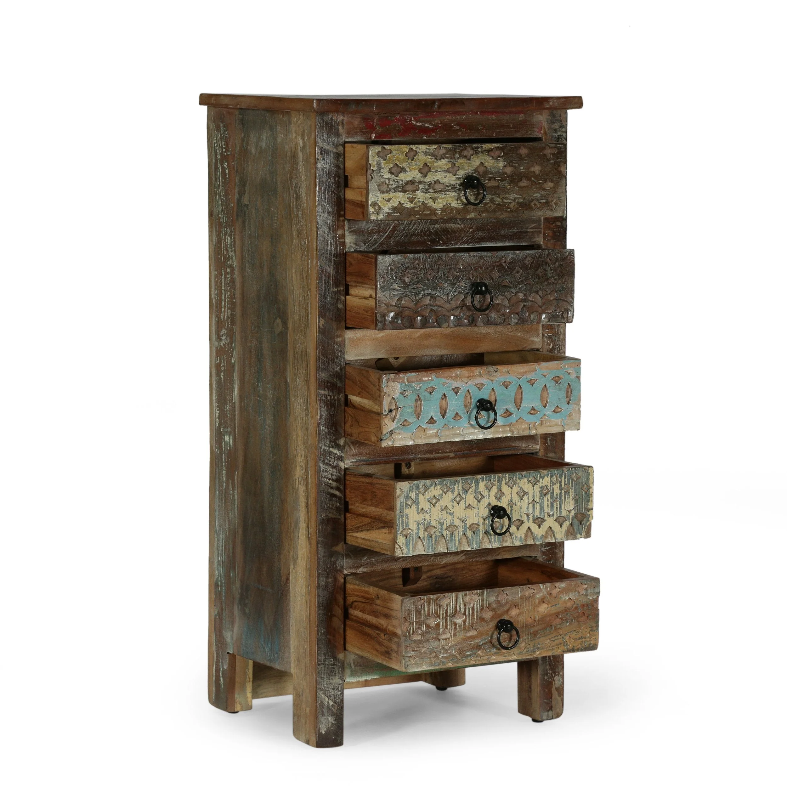 Boho Handcrafted Reclaimed Wood 5 Drawer Chest, Multi-Colored and Natural - NH523413