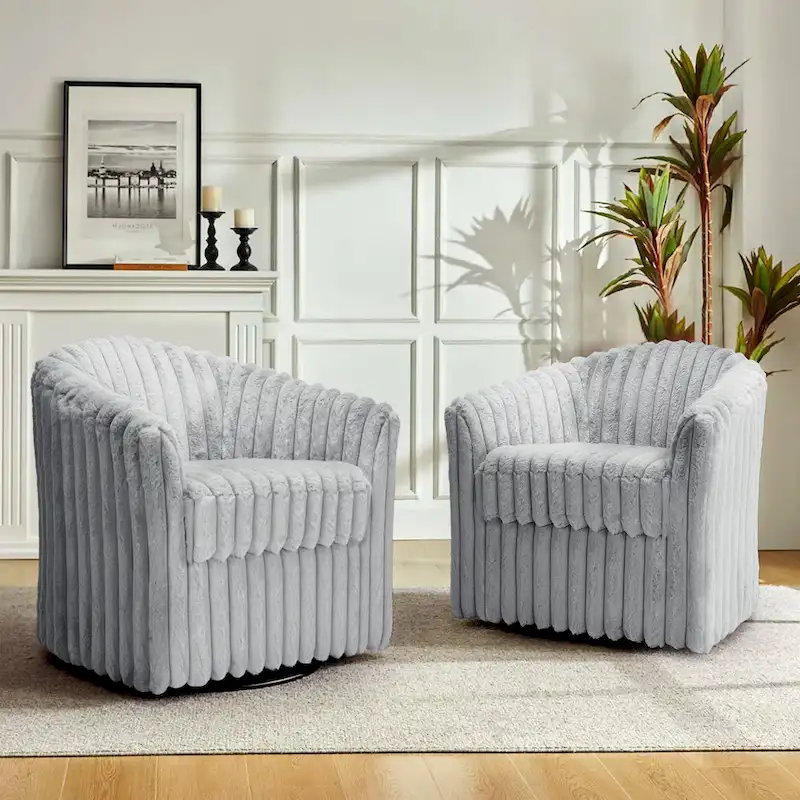 Faux Rabbit Fur Accent Chair 360-degree Swivel Barrel Chairs Set of 2