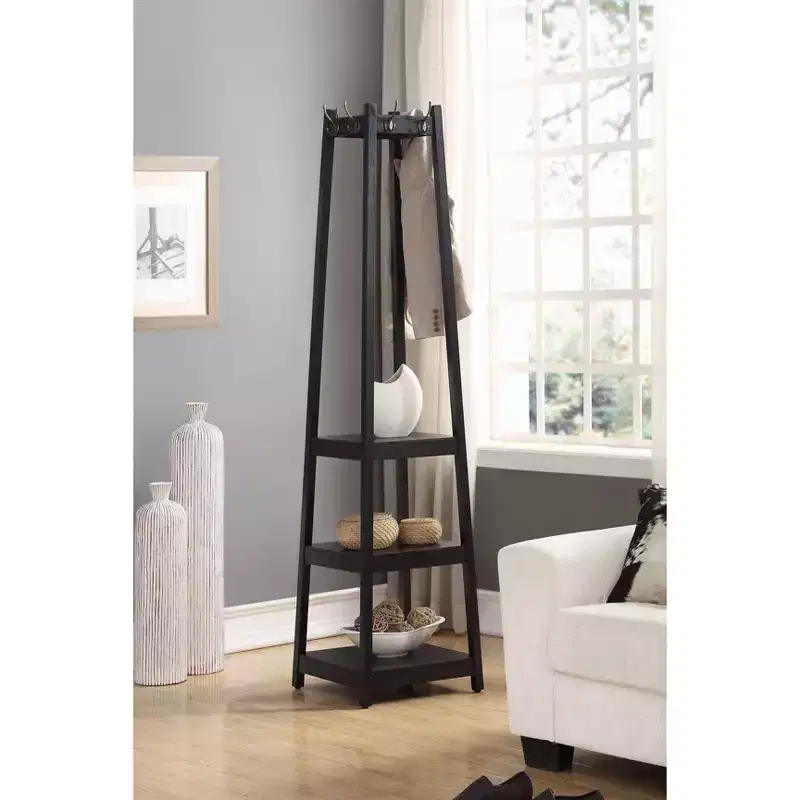 Okak Freestanding Coat Rack with Wooden Frame, Hall Tree with 3-Tier Storage Shelves and Silver Finish, Coat Tree for Bedroom, Living Room, Black
