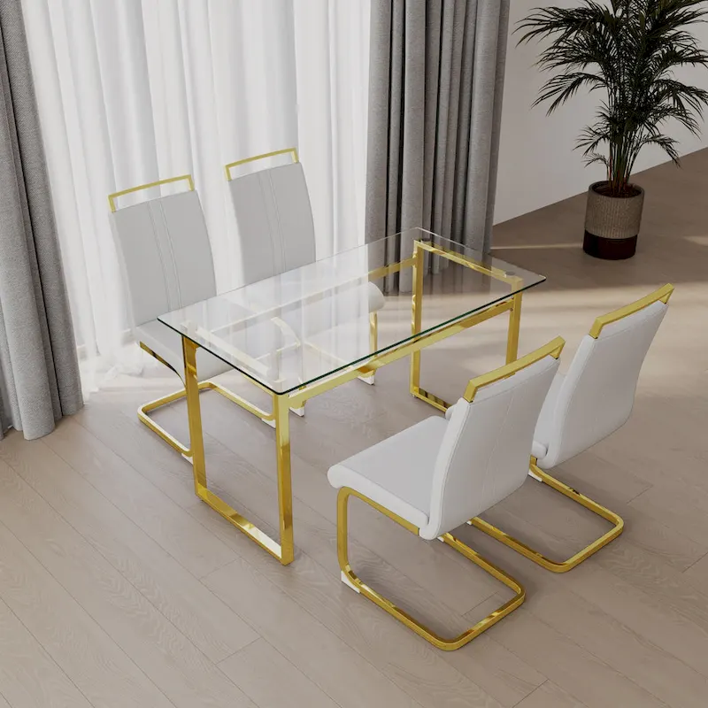 Modern Style 5-Piece Dining Set with Rectangular Tempered Glass Table and High Back Golden Plating Legs Dining Armless Chairs