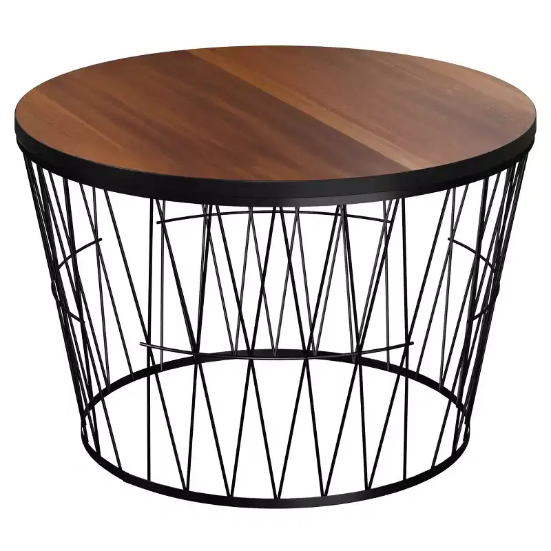 Round Coffee Table with Geometric Metal Base  Modern Accent Table for Living Room  Mid-Century Coffee Table by Lavish Home (Brown/Black)