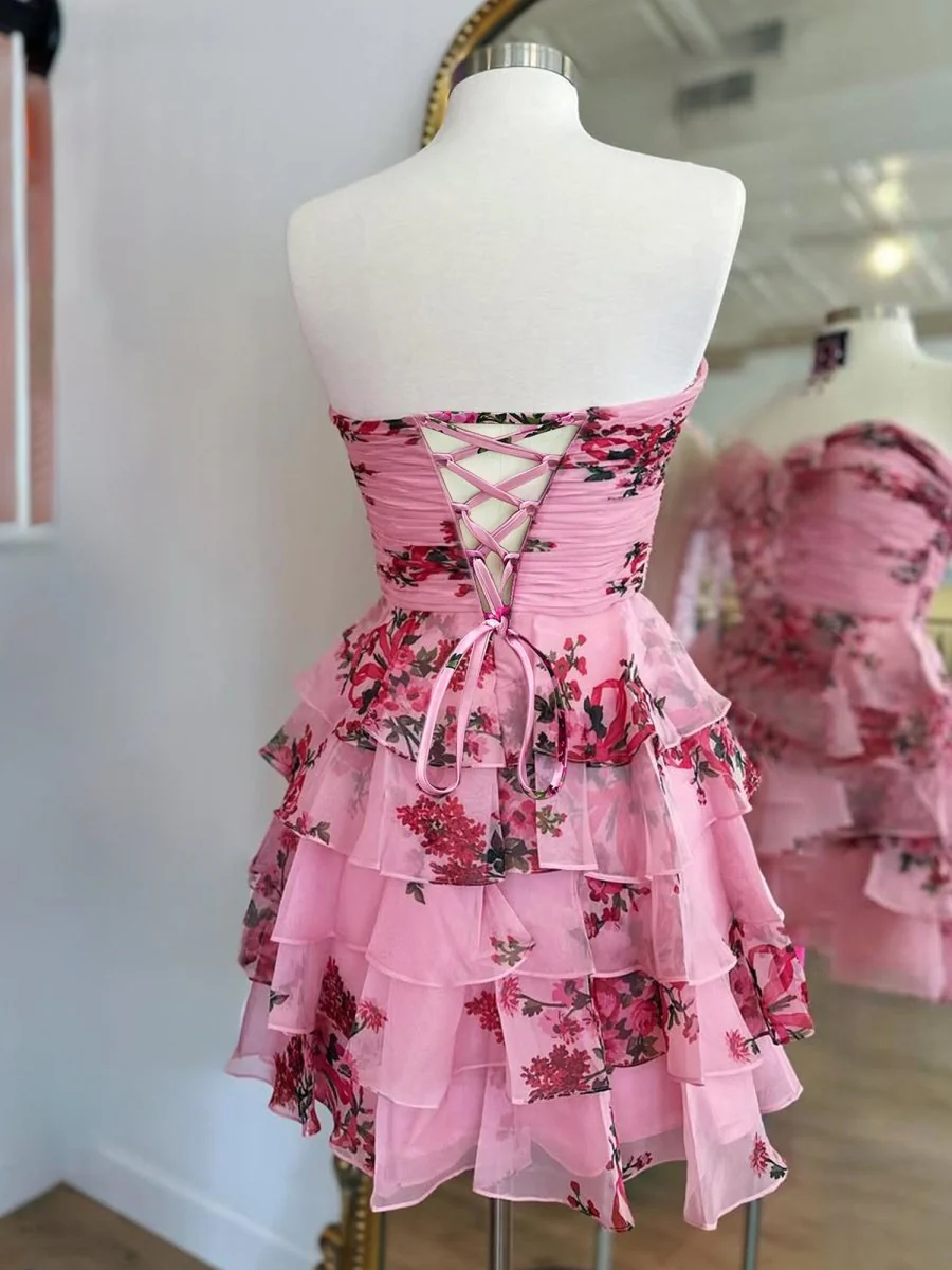 Pink - A-line Strapless Floral Printed Chiffon Ruffles Short Homecoming Dresses