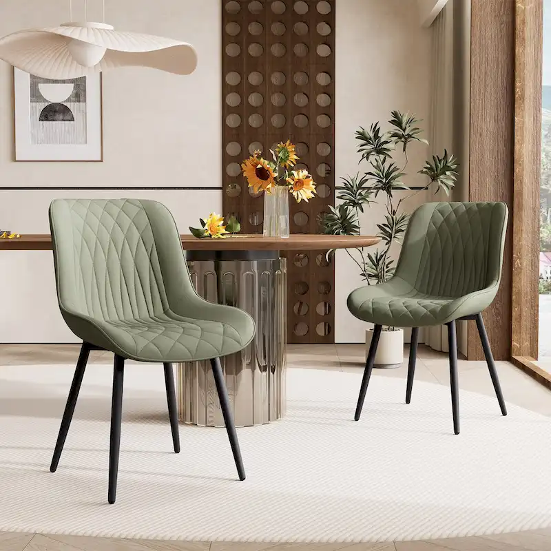 Armless Dining Chair, Set of 2, Upholstered Leather Seat, Metal Frame — Black / White / Grey / Blue / Brown / Tan / Khaki / Green