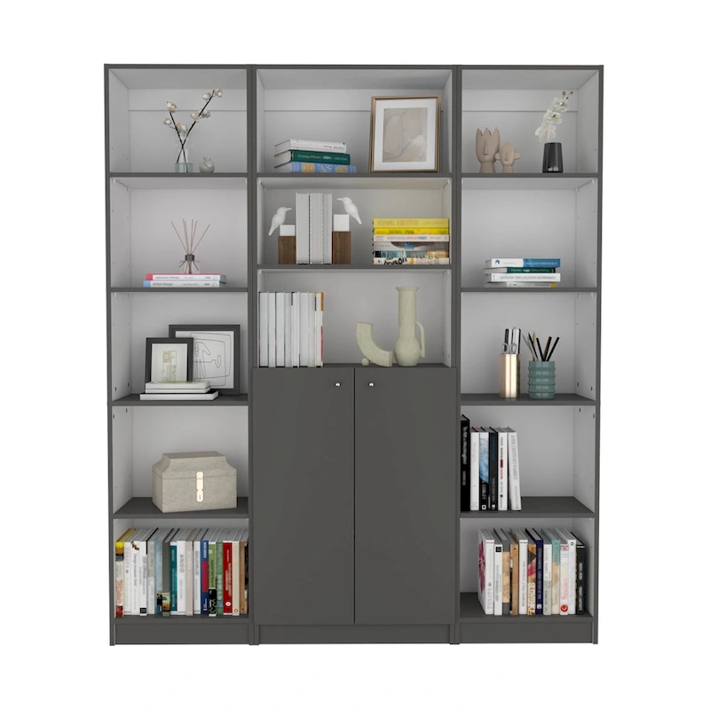 Kenyon 60  Wide 5-Shelf and Cabinet Bookcase Set of 3 Matt Grey - White