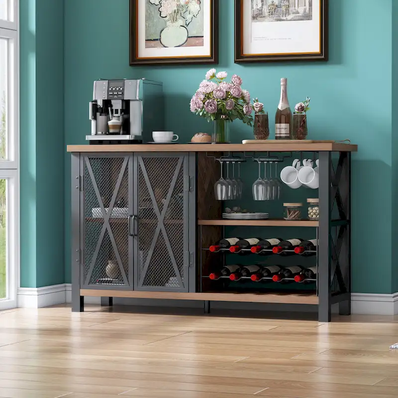 Myhozm Buffet Bar Cabinet with Wine Rack, Modern Buffet/Sideboard Wine Bar Dining Server, Grey/Brown