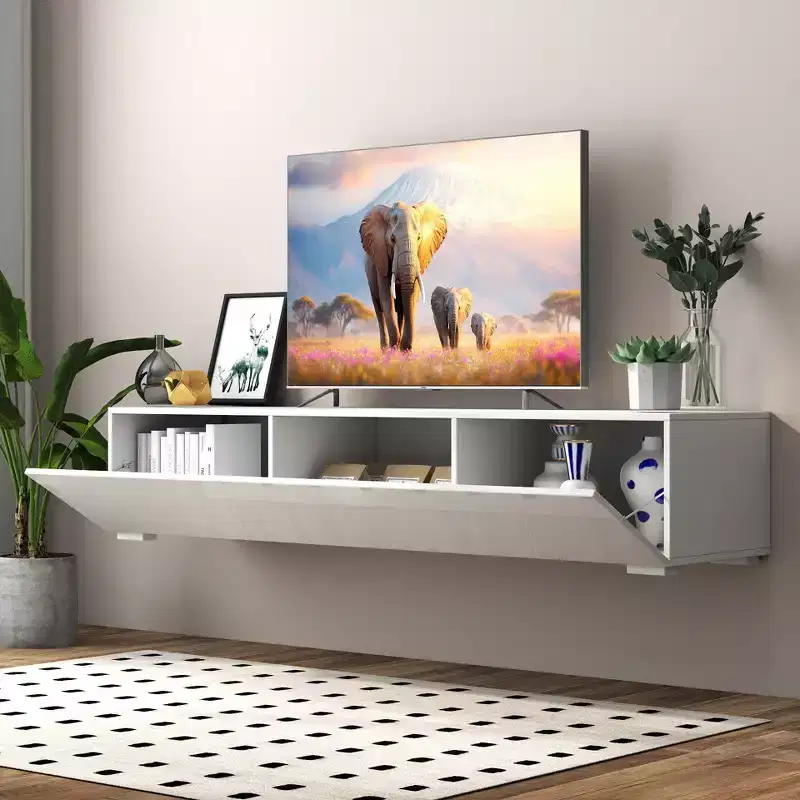 JVNOXK 63-inch Modern Entertainment Center with Drop-Down Cabinet Doors, Media Cabinet with Storage, Suitable for Living Room, White
