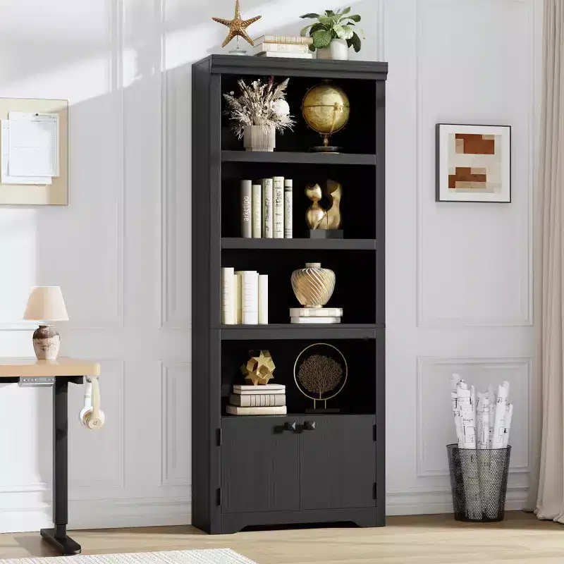 69 Tall Farmhouse Bookcase w/ 2 Doors, 5-Tier Wood Bookshelf w/ Adjustable Shelves, Open Display Storage Rack for Living Room & Home Office