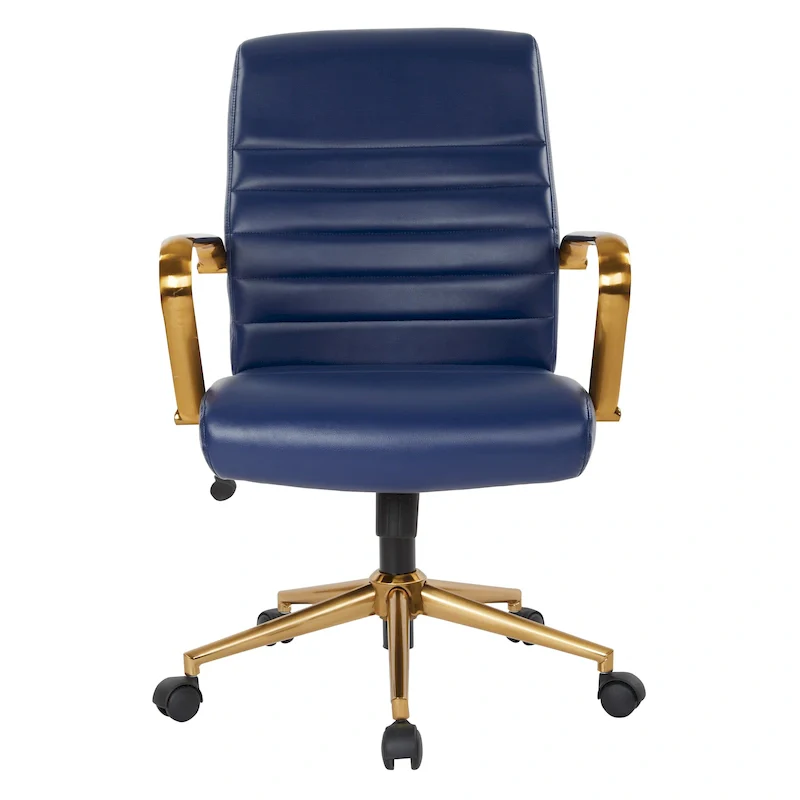 Mid-Back Office Chair, Faux Leather, Built-In Lumbar Support, Locking Tilt, Gold Base & Arms, Dual-Wheel Casters, Navy / Saddle / Cream / Black / White, 1-Person Use