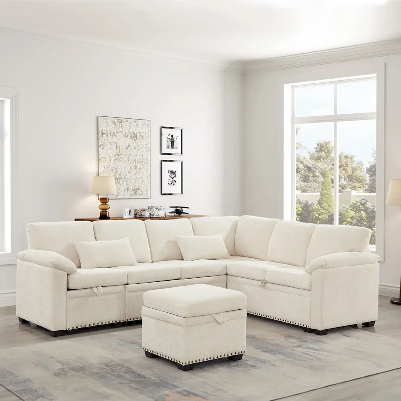 97 Chenille L-Shaped Sleeper Sectional Sofa with Storage Ottoman