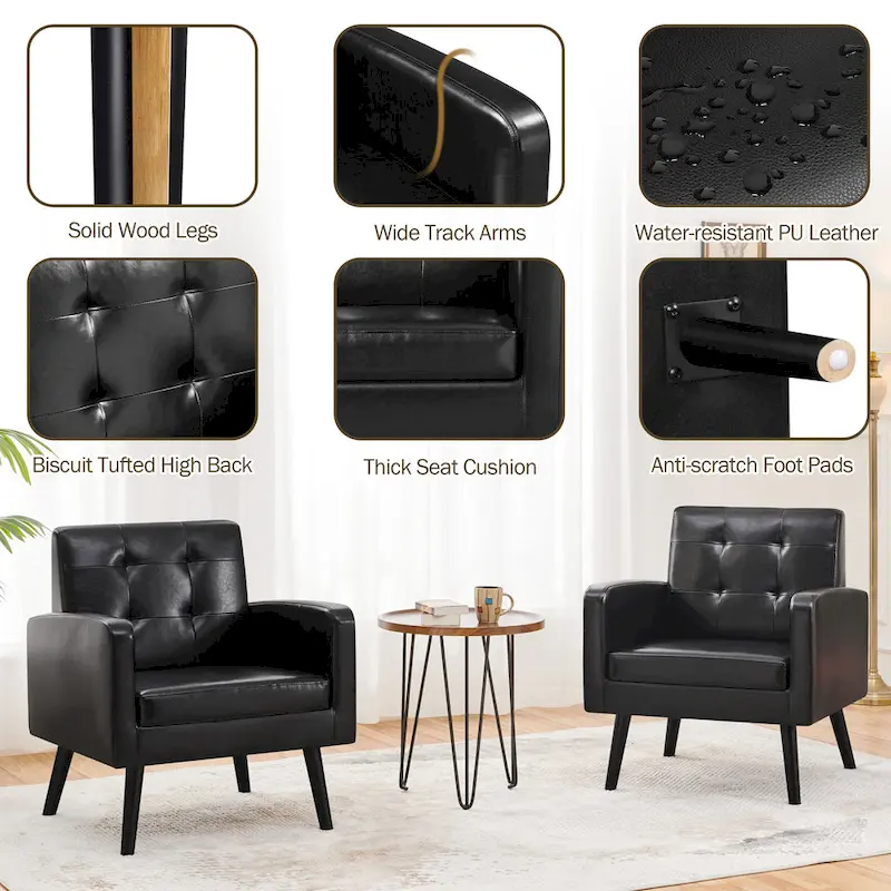 Modern faux leather upholstered armchair with solid wood legs - 28.5 29 33