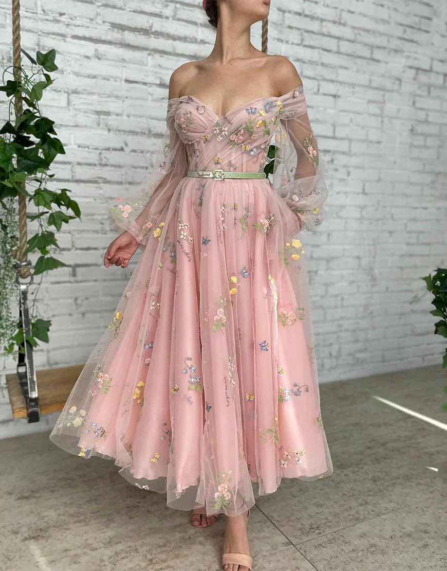 A-line Light Pink Embroidery Off the Shoulder Prom Dress