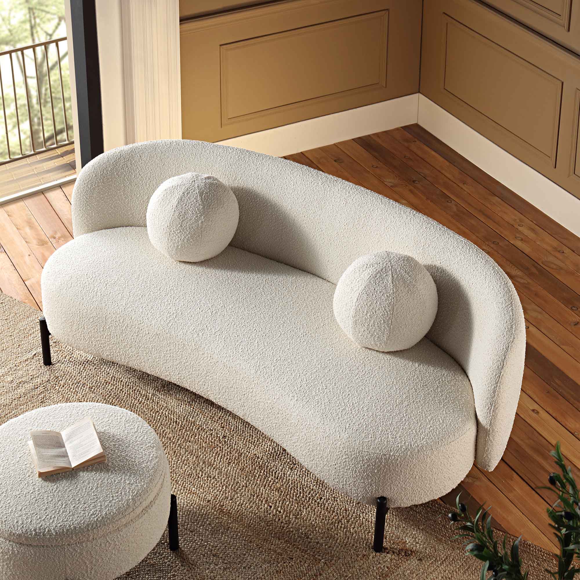 3-Seater Curved Sofa with Ball Cushions, Ecru Boucle