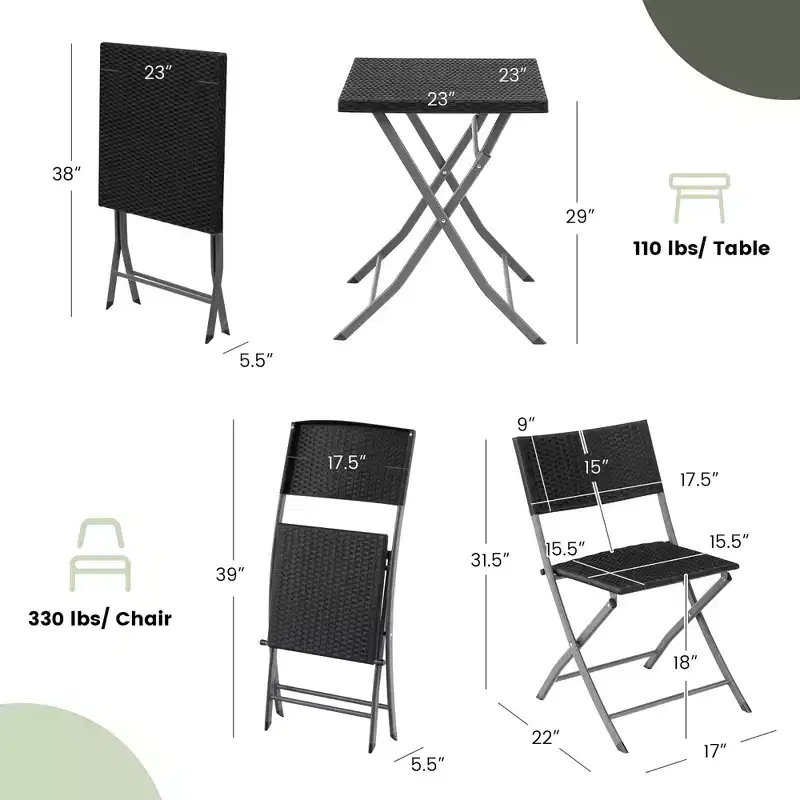 Costway 3PCSPatio Folding Rattan Bistro Set Chairs Backrest Table Garden Deck