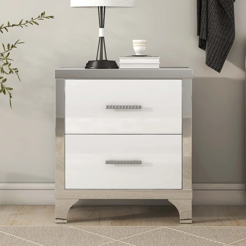 High Gloss 2-Drawer Nightstand, Black/White, Single