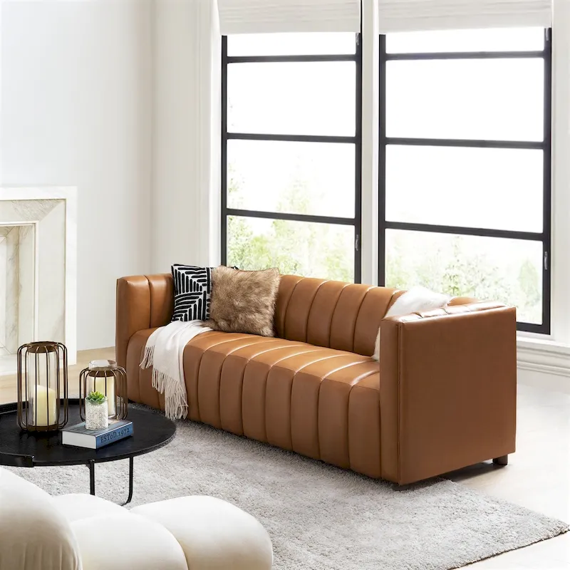 Modern Camel 83-Inch Genuine Leather Curved Couch with Channel Back