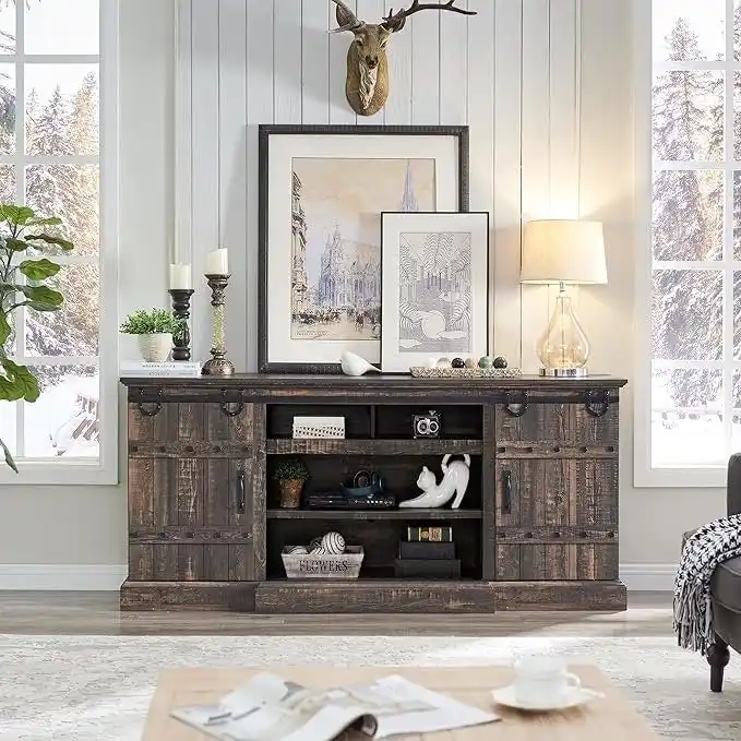 Modern Grey Sideboard Buffet Cabinet with 3 Drawers & Adjustable Shelves