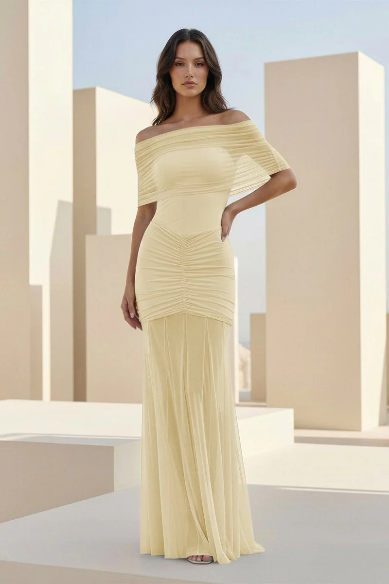 Ivory Mermaid Off The Shoulder Ruched Tulle Long Prom Dresses