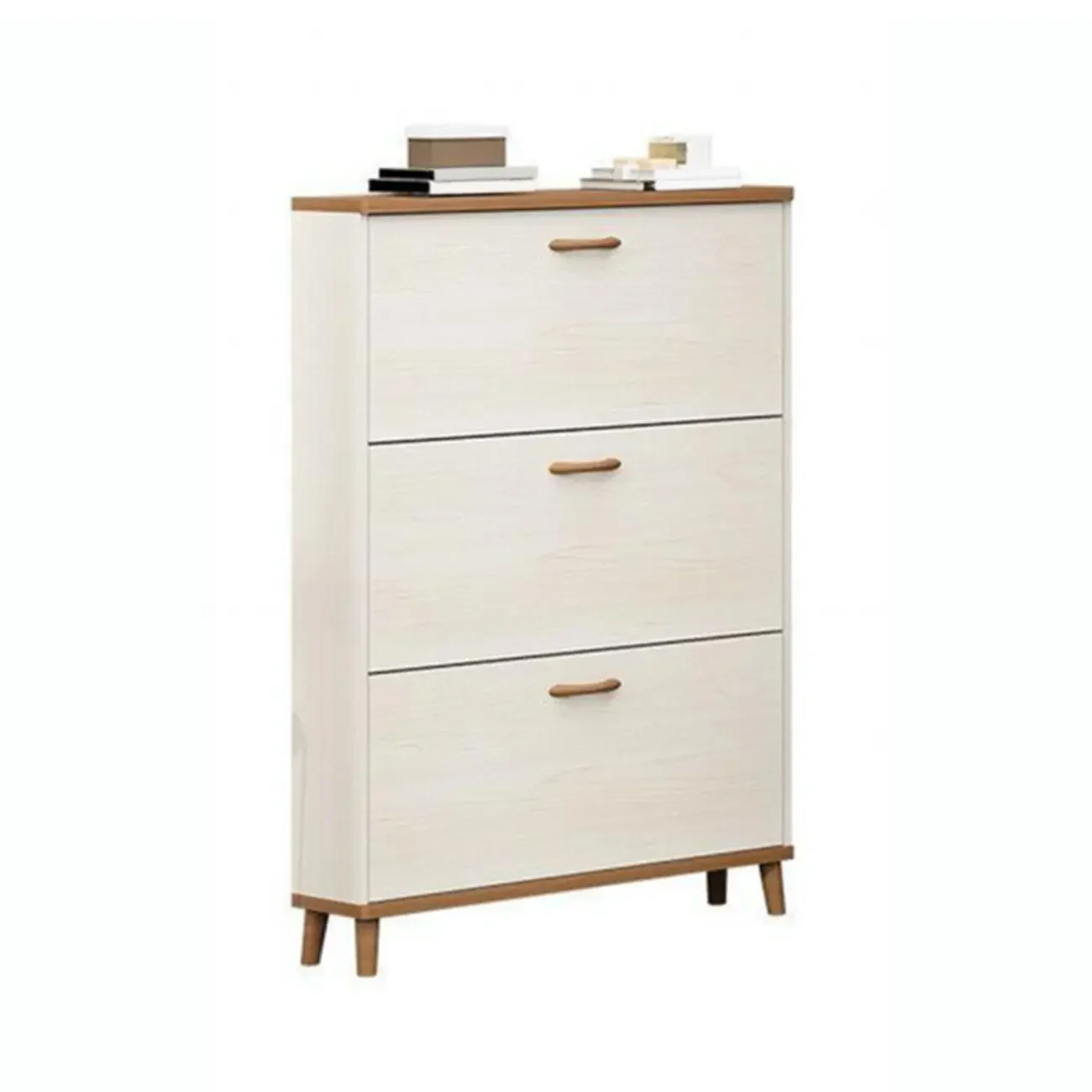 Narrow Beige Solid Wood Drop Front Shoe Cabinet