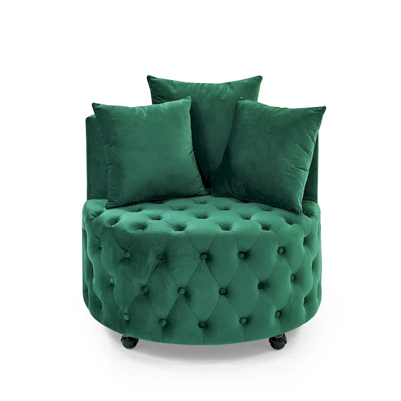 Living Room Velvet Swivel Chair with Button Tufted Design, 3 Pillows & Movable Wheels