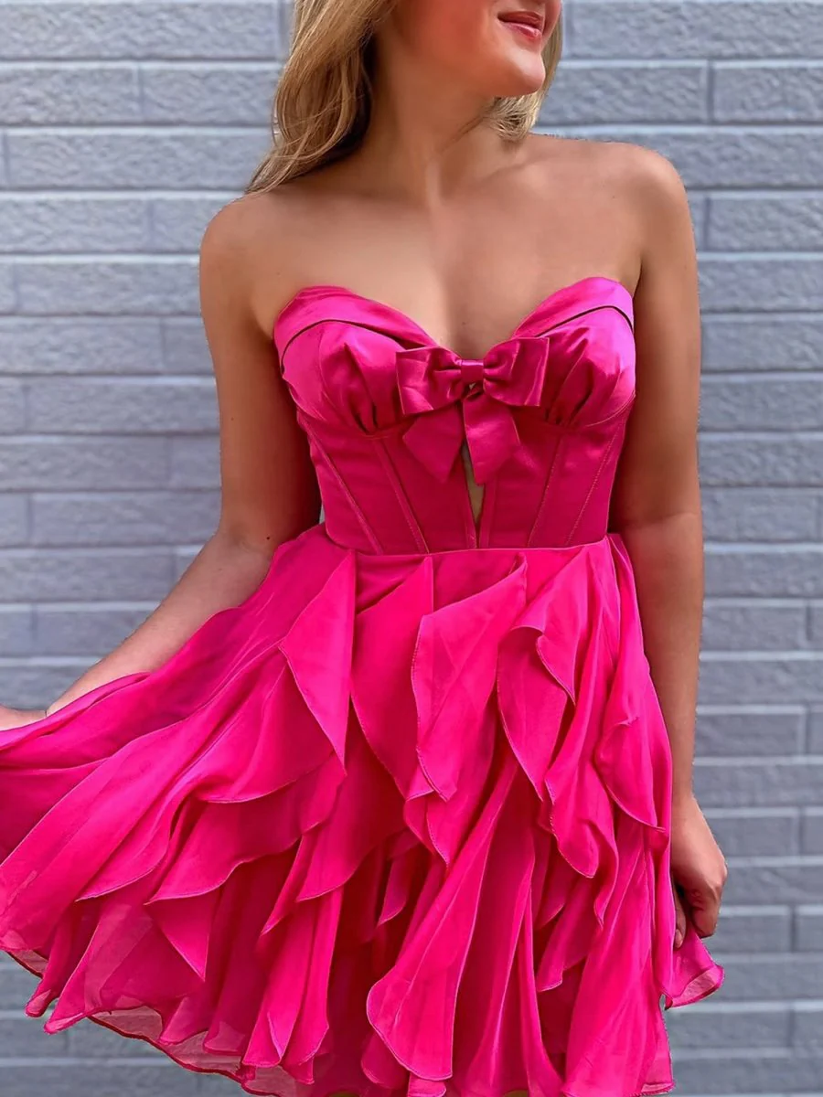 Fuchsia - Strapless A Line Chiffon Ruffled Homecoming Dress With Bow