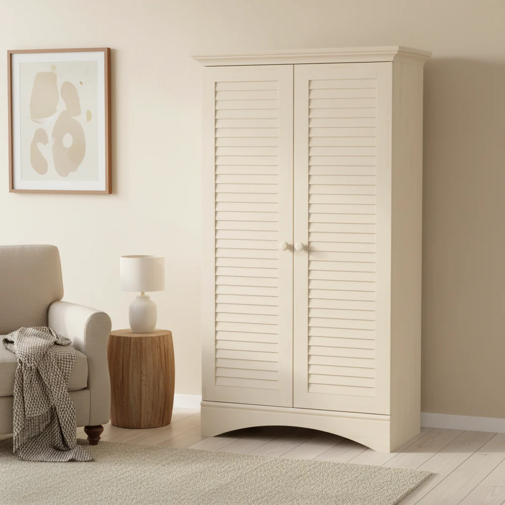 Antique White Wood Wardrobe Armoire with Louver Doors, 35.4W x 16.8D x 61H