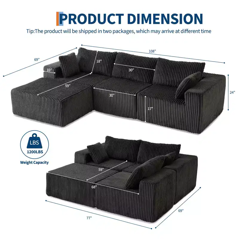 COZONY 108 Oversized Modular L-Shaped Sectional Sofa, Cloud-Like Corduroy Convertible Sofa Bed, No Assembly, Luxury Comfort for Living Room