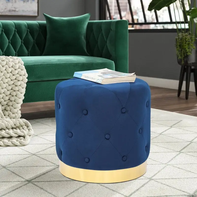 Round Velvet Ottoman Vanity Footrest Stool with Gold Plating Base