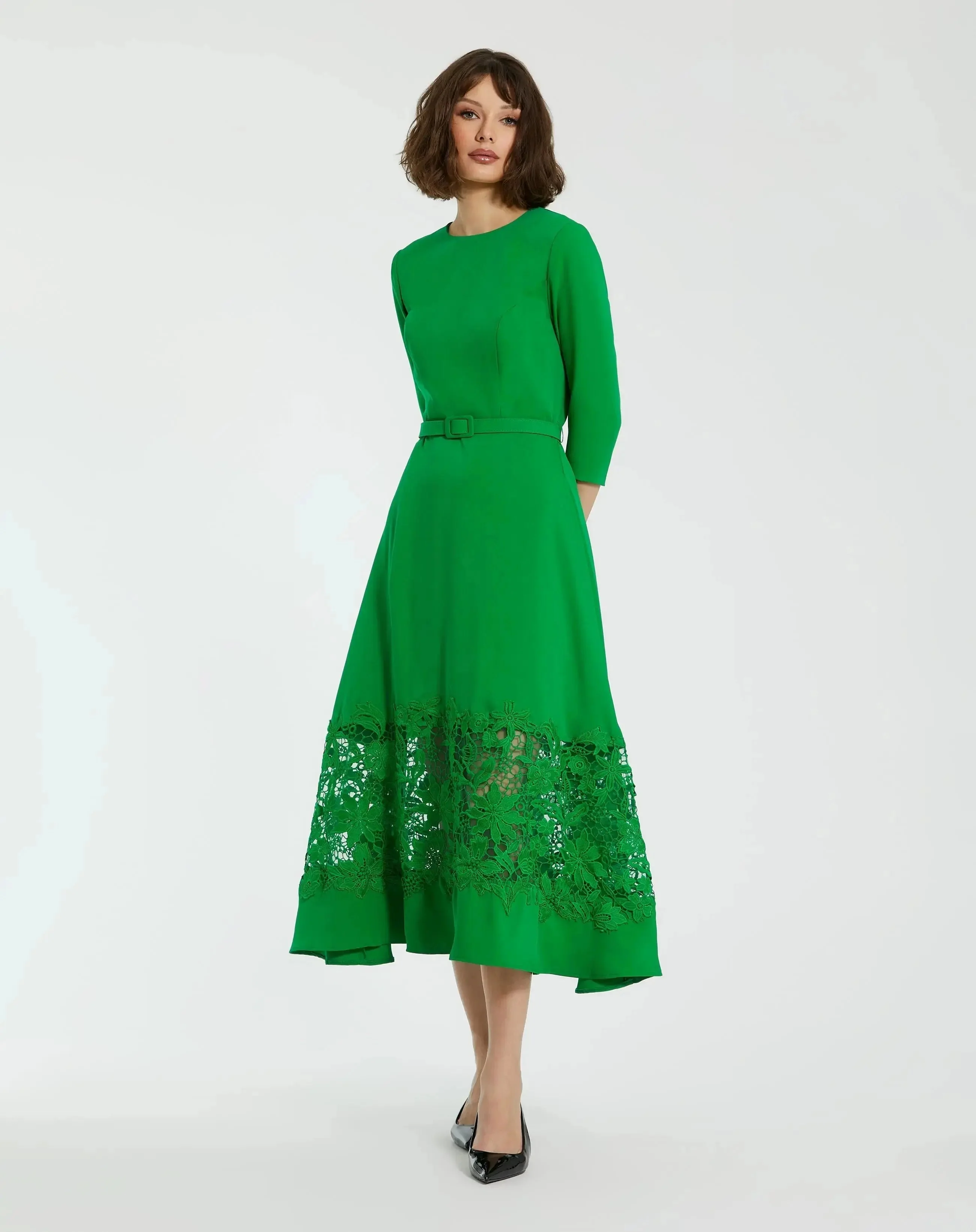 Green Crepe Boat Neck Midi Dress With Applique Cut Out
