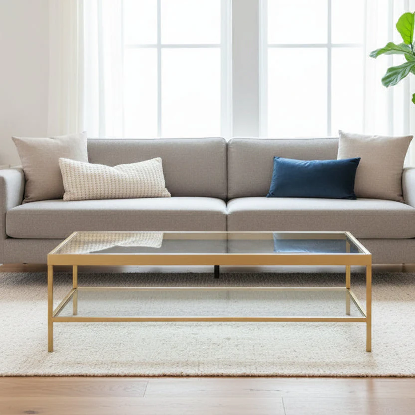 Clear and Gold Glass & Steel Coffee Table with Shelf, 54x17x24