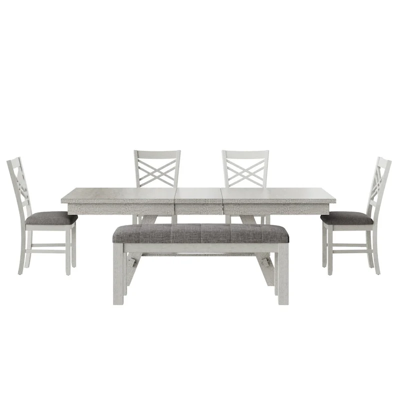 VECELO 6/8-Piece Dining Table Set with Bench, Solid Wood Rectangular Extendable Dining Table & 4 Solid Wood Dining Chairs