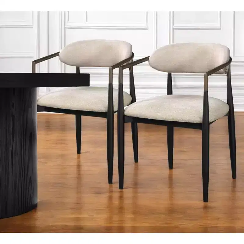 HomeRoots Set of Two Beige And Black Upholstered Fabric Open Back Dining Arm Chairs
