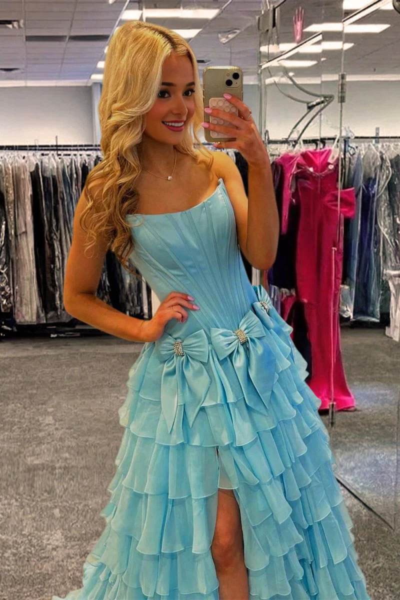 Blue - Scoop Neck A Line Chiffon Tiered Prom Dresses With Bowknot
