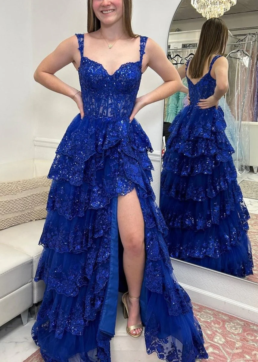 A-Line Lace Off-the-Shoulder Tiered Long Prom Dress with Slit