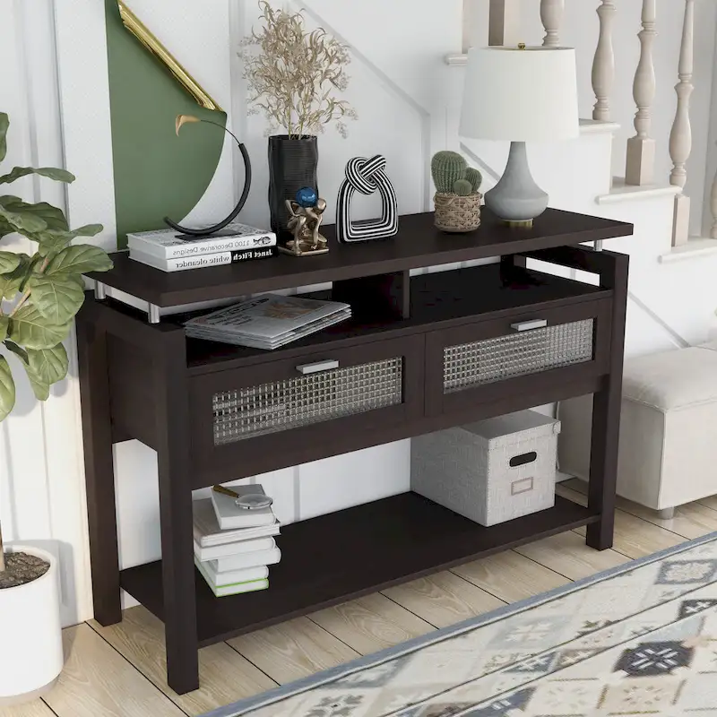47-Inch Console Table with Flip-Down Cabinets and Open Shelves