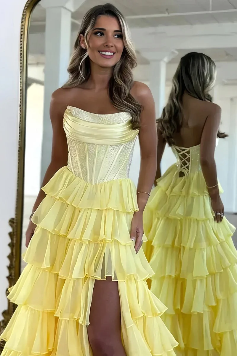 Yellow - A Line Strapless Chiffon Beaded Corset Long Prom Dress With Slit