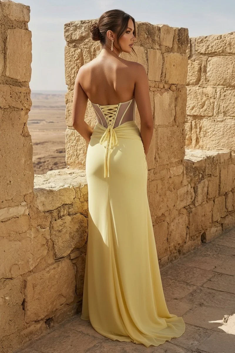 Yellow Strapless Sheath Pleated Long Prom Dresses With Slit