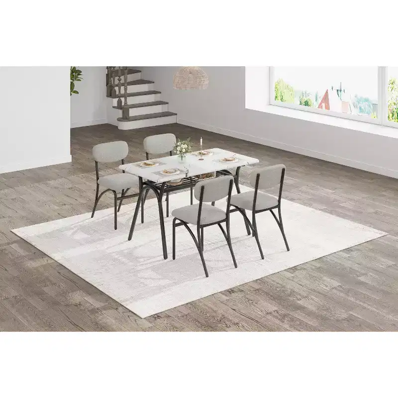 4-Piece Kitchen Table Set with Boucle Chairs, Marble-Look Rectangular Dining Table with 4 Padded Armchairs, Compact Kitchen Set for Small Spaces