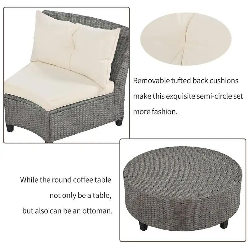 6-Person Garden Fan-shaped Rattan Suit Combination with Cushions and Table