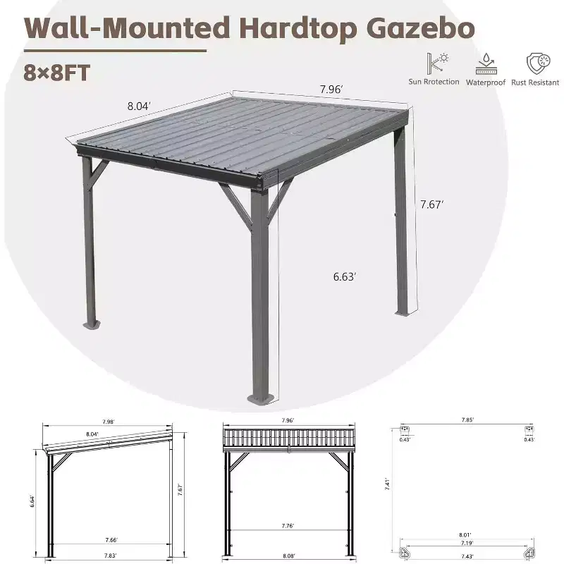 Clihome 8'x 8' Wall-Mounted Gazebo with Hidden Drainage System