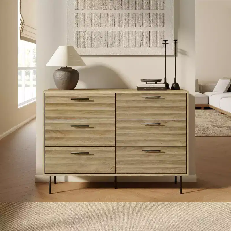 LuxenHome Mid-Century Modern Wave 6-Drawer 47.2-Inch Wide Dresser Brown
