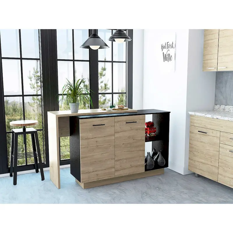 Portable Kitchen Island Bar Table, Wood Top, 2 Doors, 3 Interior Shelves, 2 Open Shelves, Scratch-Resistant, Contemporary Style, Black Wengue / Light Oak, Seats 2-3