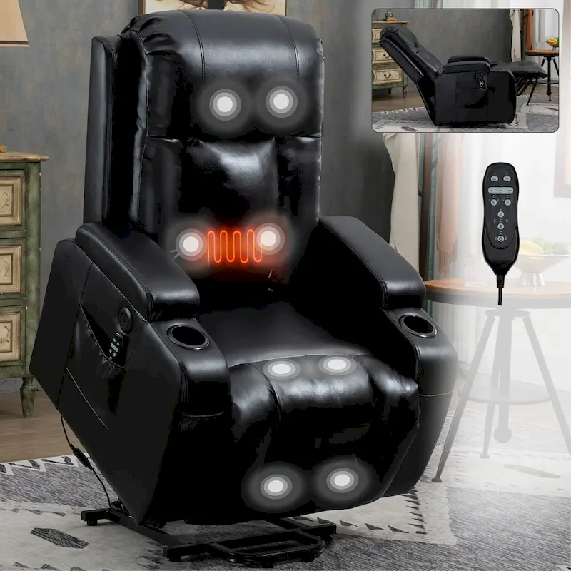 Black PU Leather Power Lift Recliner, 8-Point Massage, Heated, USB
