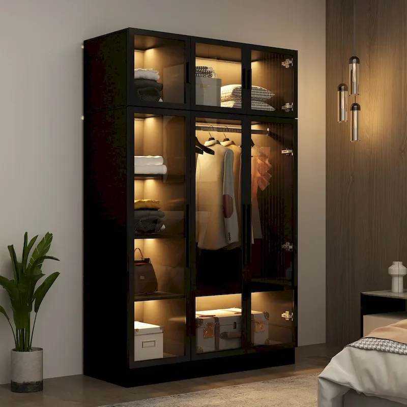 Glass Door Wardrobe Armoire Storage Closet with Light Display Cabinet