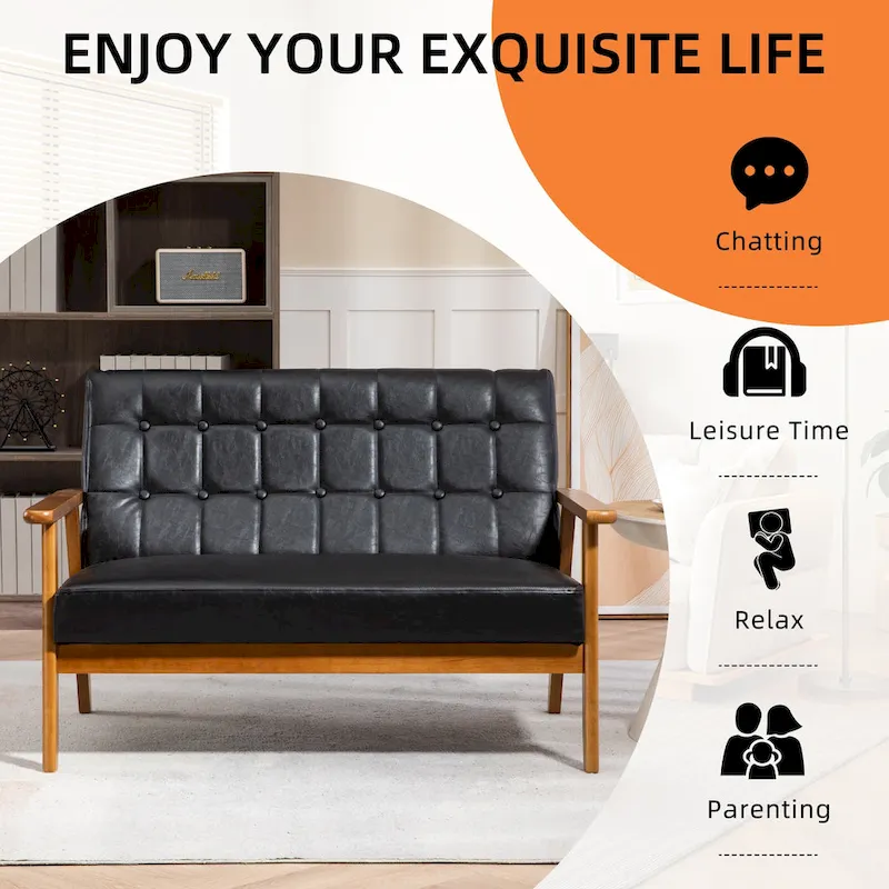 HOMEFUN Mid-Century Linen/PU Upholstered Wood Frame Tufted Loveseat Sofa