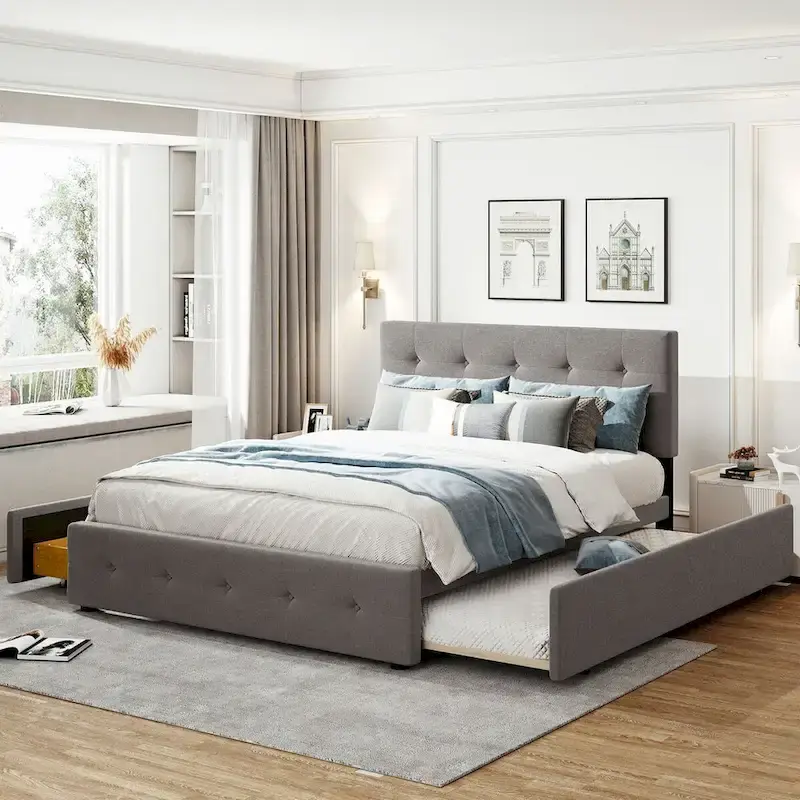 Queen Platform Bed, Linen Tufted, Dark Grey / Light Grey / Beige, 2-Person Assembly