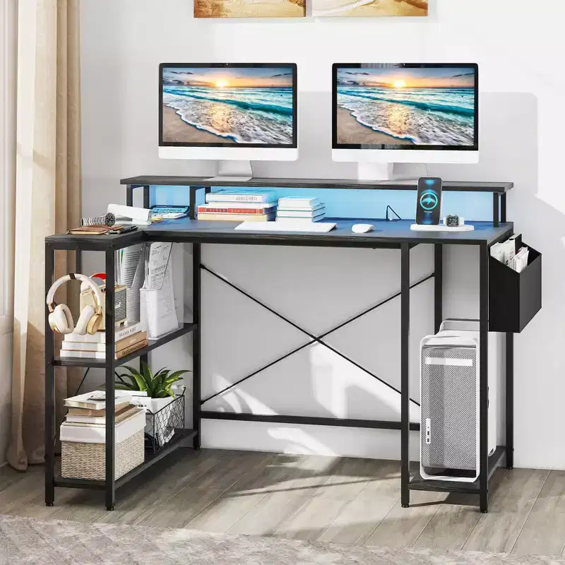 Costway 48 L-Shaped Gaming Desk with LED Lights & Power Outlets Storage Shelves Brown/Black