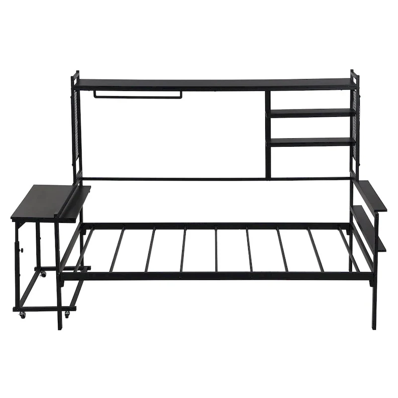 Metal Daybed with Movable Desk, Shelves and Clothes Hanger