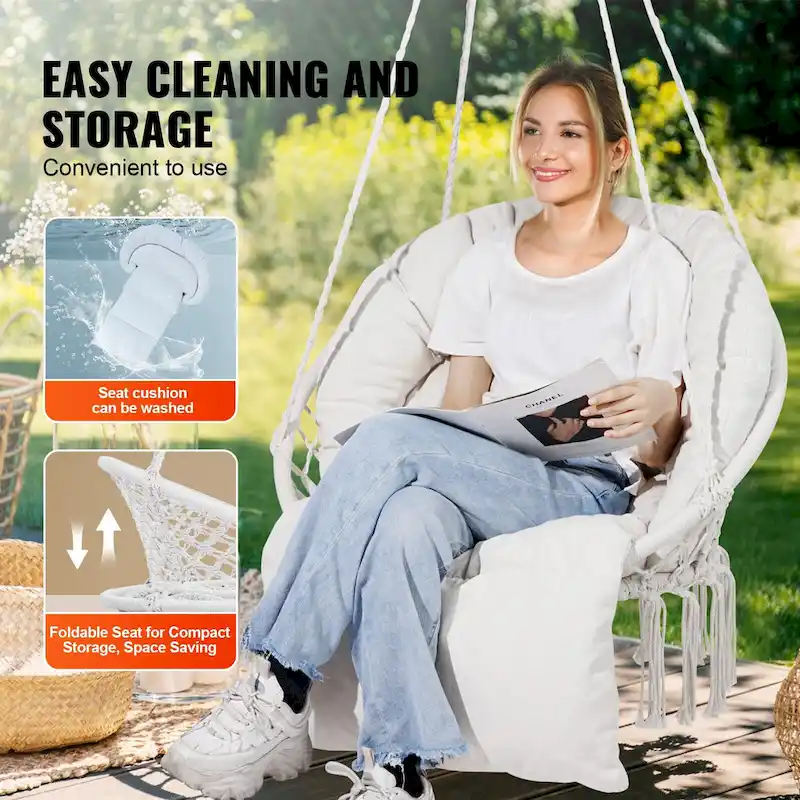 Hanging Hammock Swing Chair, Macram Hanging Chair with Cushion and Mounting Hardware, Cotton Rope Swing Chair