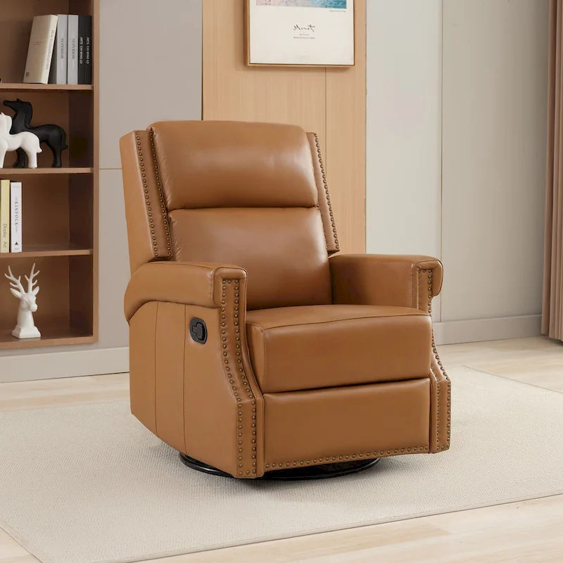 Genuine Leather Manual Rocking Recliner with 360-degree Metal Swivel Base
