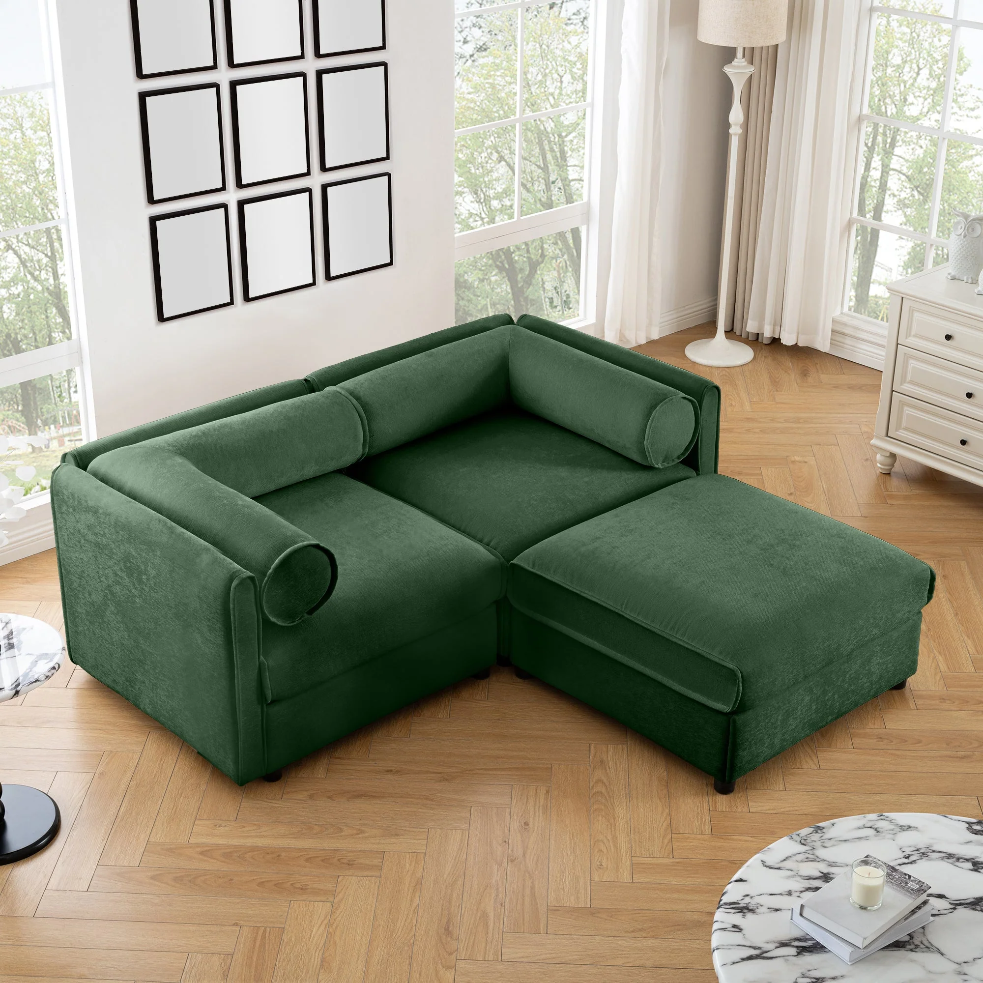 Walker Edison | Modern Green Chenille 2-Seater Loveseat Sofa with Ottoman Storage